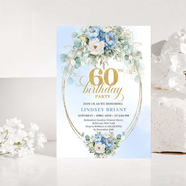 Convite de Aniversário de 60 anos Rustic Blue Peon (Rustic Blue Peony Gold 60th Birthday Invitation)