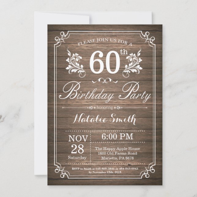 Convite de Aniversário de 60 anos Rústico Floral (Frente)