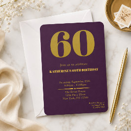 Convite de Aniversário de 60 anos Sixty Plum Gold