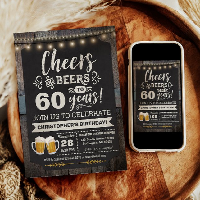 Convite de Aniversário de 60 Anos Surpresa Com Apl (Surprise Cheers and Beers 60th Birthday Invitation)