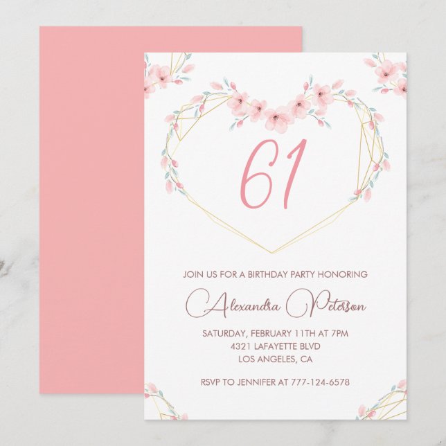 Convite de Aniversário de 61 anos em Floral Boho c (Frente/Verso)