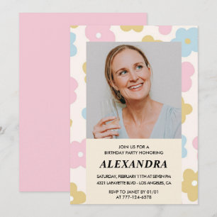 Convite de aniversário de 62 anos com foto floral