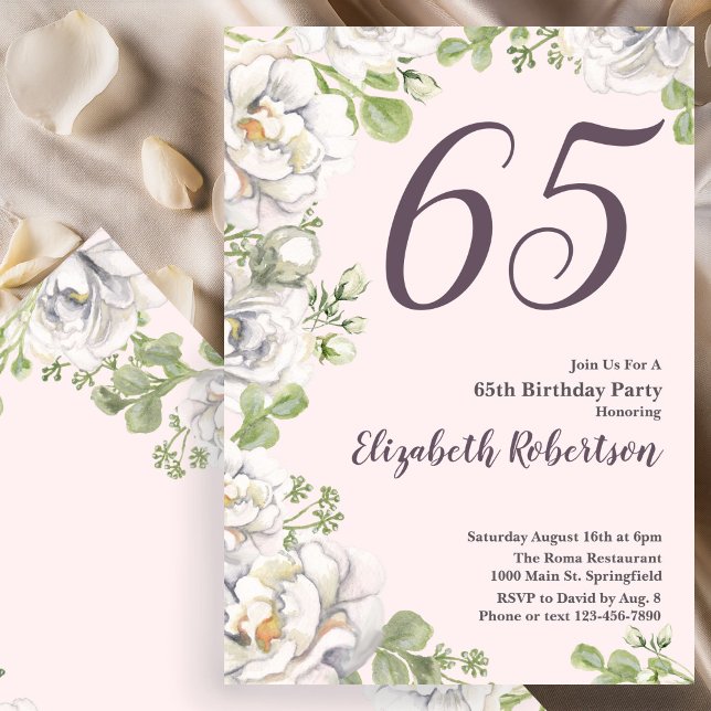 Convite de Aniversário de 65 anos Blush Rosa Flora (Criador carregado)