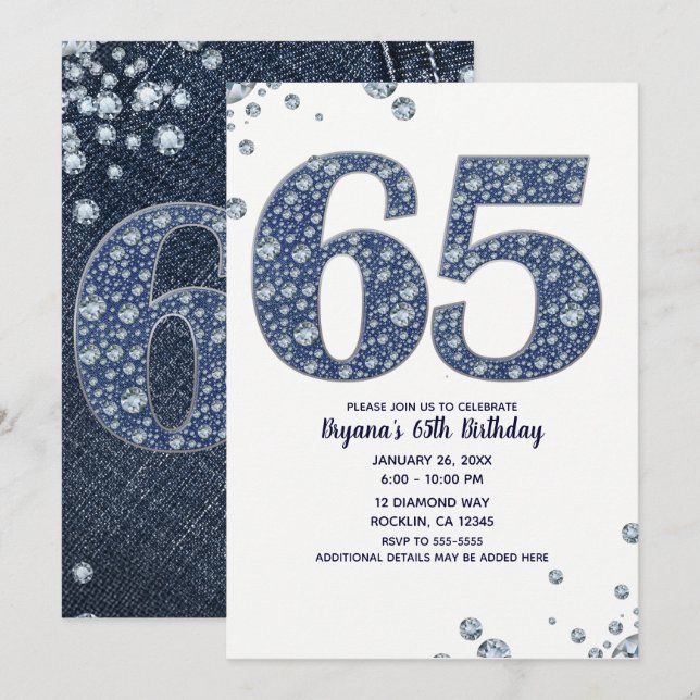 Convite de Aniversário de 65 anos Brilho Denim & D (Frente/Verso)