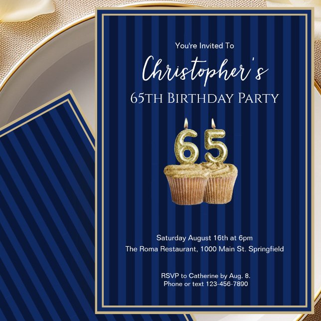 Convite de Aniversário de 65 Anos Único Azul Doura (Criador carregado)