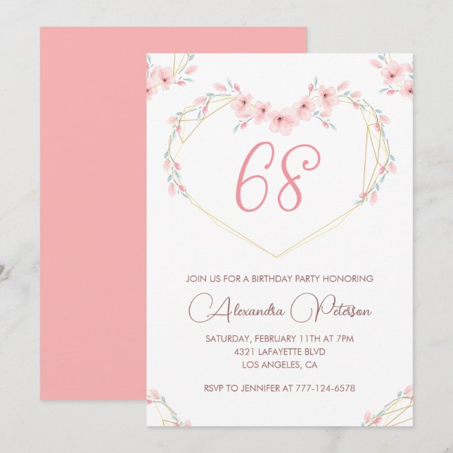 Convite de aniversário de 68 anos em floral boho c (Frente/Verso)