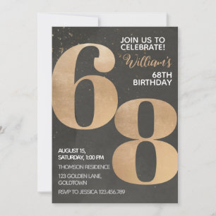 Convite de Aniversário de 68 anos Preto Dourado