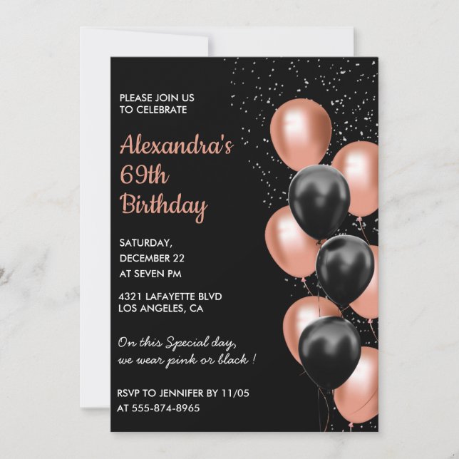 Convite de aniversário de 69 anos Black Rose doura (Frente)