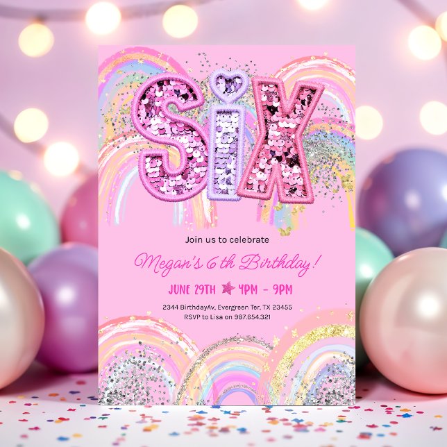 Convite de Aniversário de 6 anos com Arco-íris (Rainbow Pastel Sequin 6th Birthday Pink Invitation)