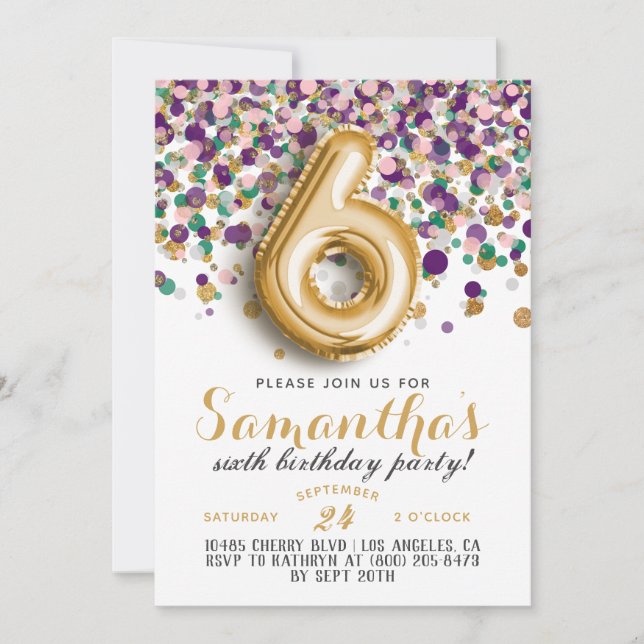 Convite de Aniversário de 6 anos com Confetes (Frente)