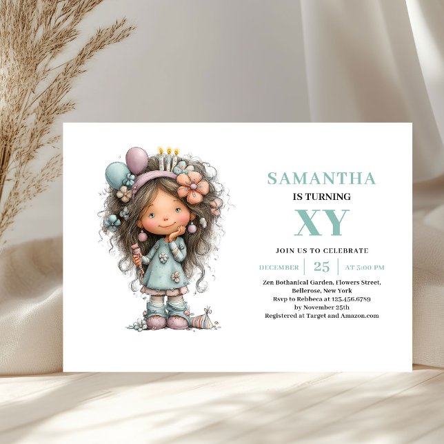 Convite de Aniversário de 6 anos da Menina Caprich (Whimsical Girl 6th Birthday Pastel Green invitation)