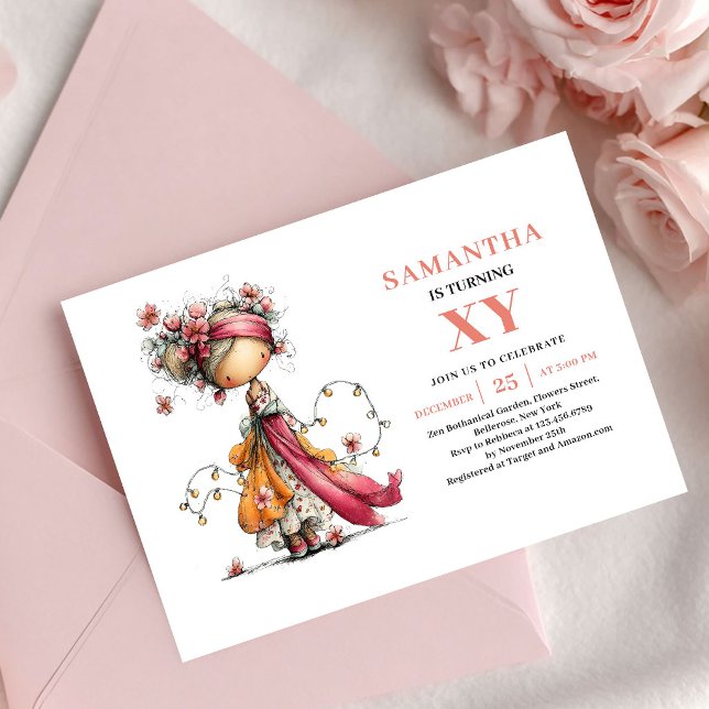 Convite de Aniversário de 6 anos da Menina Fada Fo (Cute Fairy Girl 6th Birthday Pink Blush invitation)