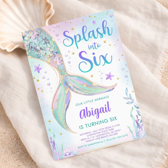 Convite de Aniversário de 6 anos da Sereia (Splash into Six - Mermaid 6th Birthday Party Invite - Pastel Mermaid Tail)
