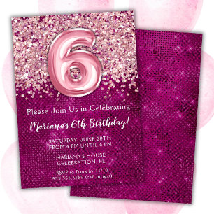 Convite de Aniversário de 6 anos Feminino Magenta 
