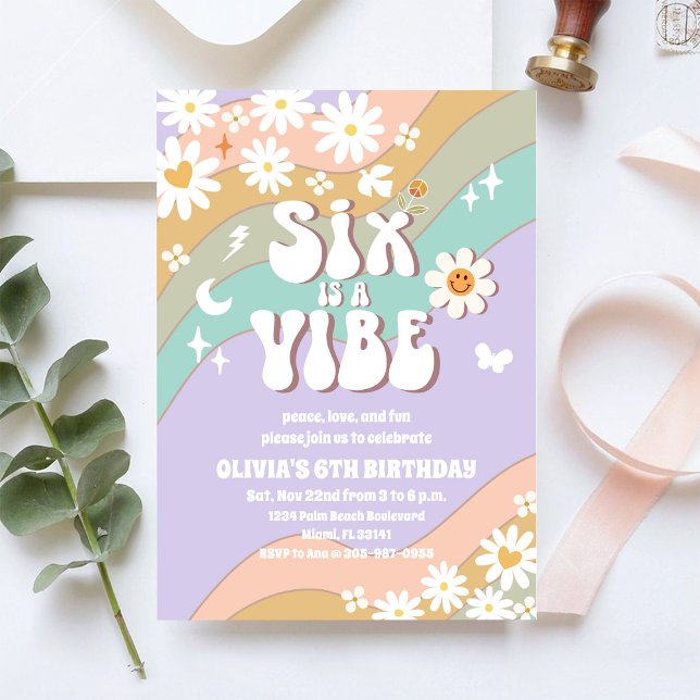 Convite de Aniversário de 6 anos Groovy Rainbow (Criador carregado)