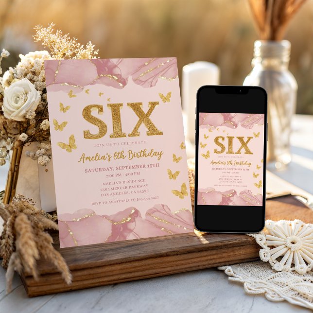 Convite de Aniversário de 6 Anos Menina Brilho Ros (Criador carregado)