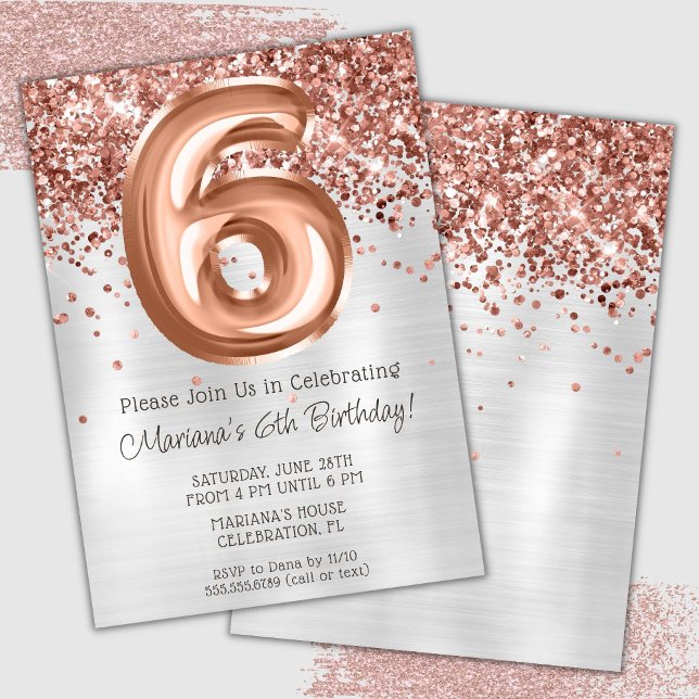 Convite de Aniversário de 6 anos Rose Gold Silver (Criador carregado)