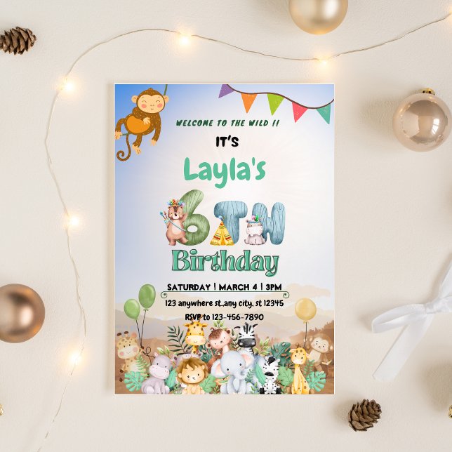 Convite de Aniversário de 6 anos Safari Verde e Az (Colorful Green & Blue Safari 6th Birthday Invitation)