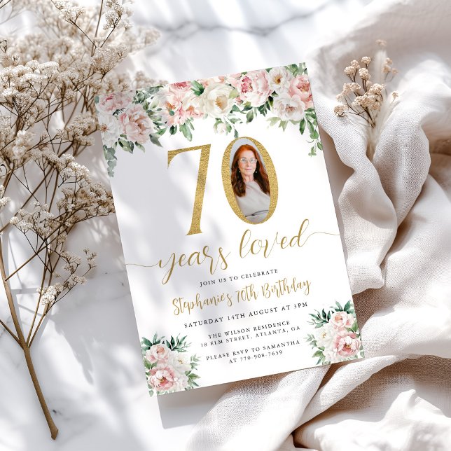Convite de Aniversário de 70 anos Blush Pink Flora (Criador carregado)