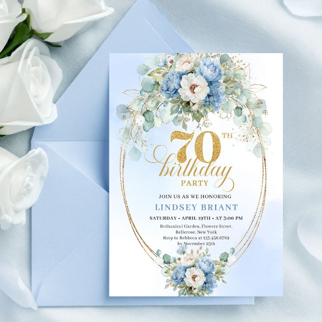 Convite de Aniversário de 70 anos Boho Azul Dourad (Stylish Boho Blue Gold Floral 70th Birthday Invitation

)