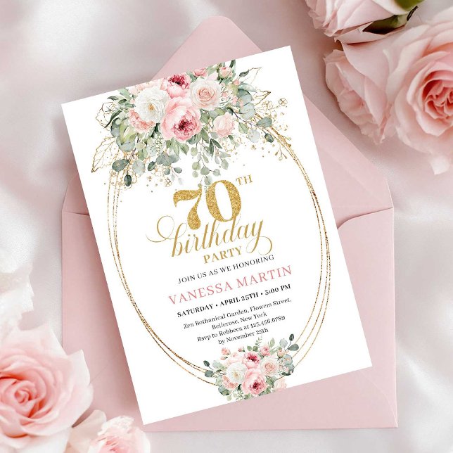 Convite de Aniversário de 70 anos Boho Blush Roses (Boho Blush Roses 70th Birthday Invitation)