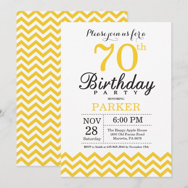 Convite de Aniversário de 70 anos Chevron Amarelo (Frente/Verso)