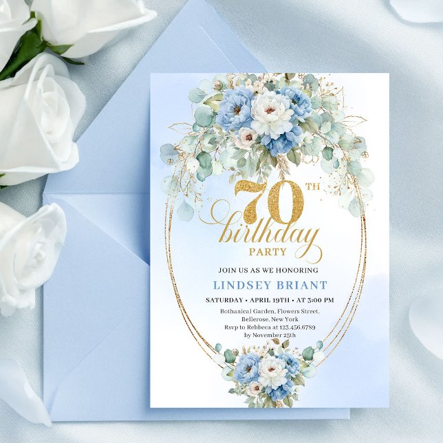 Convite de Aniversário de 70 anos com Floral Azul  (Stylish Blue Floral Eucalyptus 70th Birthday Invites

)