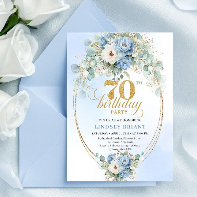 Convite de Aniversário de 70 anos com Flores Azuis (Modern Light Blue Flowers 70th Birthday Invitation Card

)