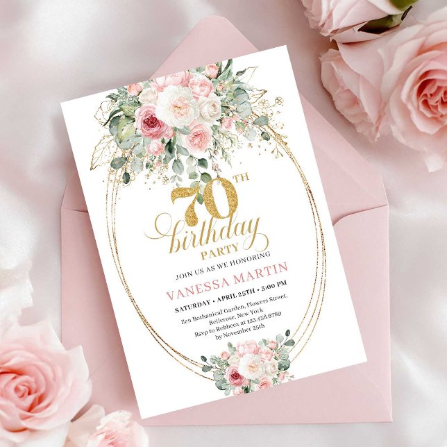 Convite de Aniversário de 70 anos com Flores Macia (Soft Pale Pink Flowers 70th Birthday Invitation)