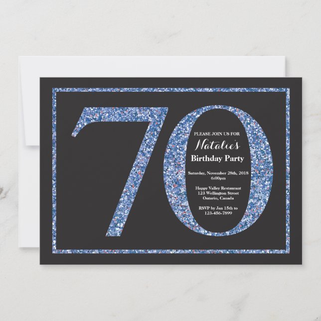 Convite de Aniversário de 70 anos com Glitter Azul (Frente)
