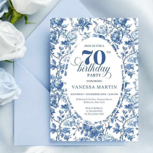 Convite de Aniversário de 70 anos da Navy Roses El (navy roses toile de jouy 70th birthday invitation
)