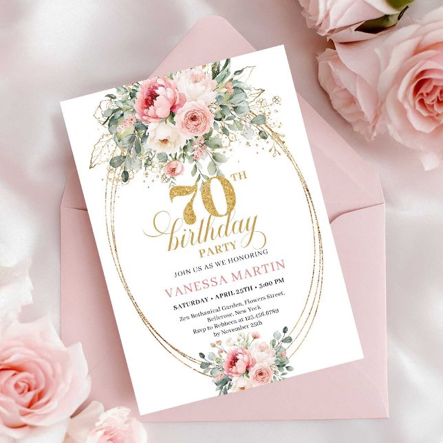 Convite de Aniversário de 70 anos Digital Rosa Ele (Elegant Blush Digital 70th Birthday Invitation)