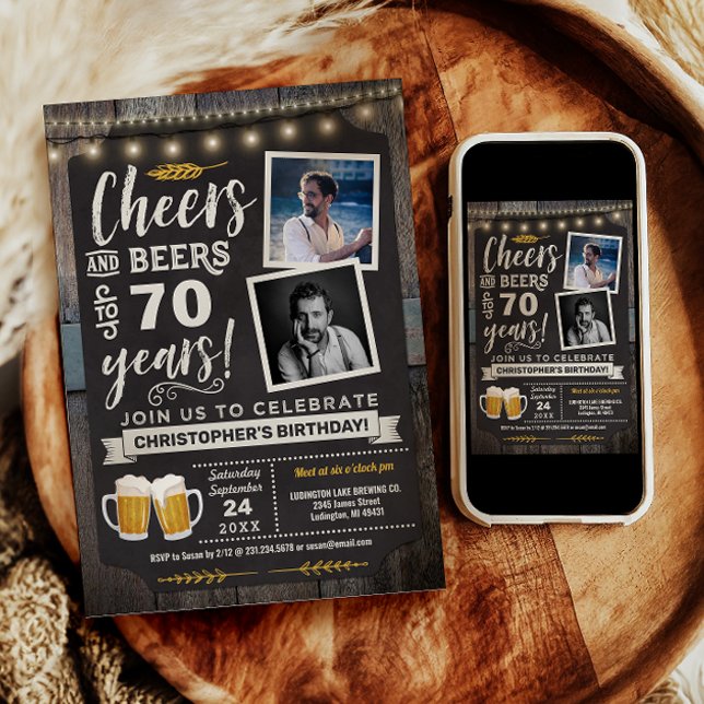 Convite de Aniversário de 70 anos Foto Cheers e Be (Photo Cheers and Beers 70th Birthday Invitation)
