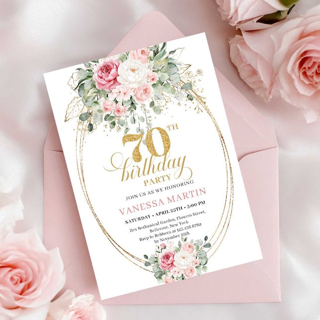 Convite de Aniversário de 70 anos Imprimível Rosa  (Blush and Gold Printable 70th Birthday Invitation)