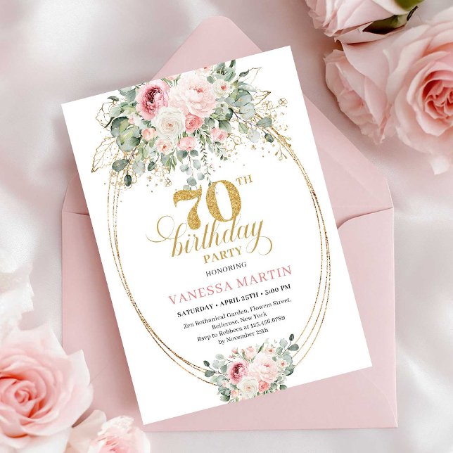 Convite de Aniversário de 70 anos Minimalista com  (Minimalist Blush Roses 70th Birthday Invitation)