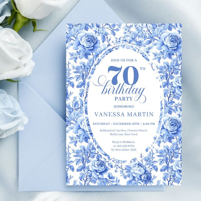 Convite de Aniversário de 70 anos Navy Roses Vinta (Navy Roses Vintage 70th Birthday Invitation)