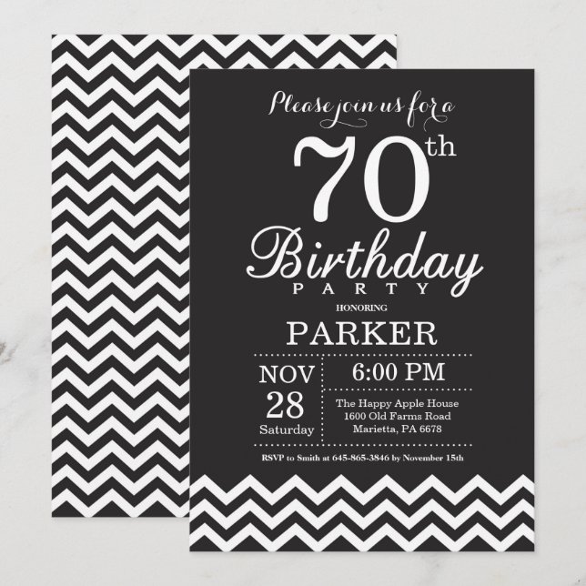 Convite de Aniversário de 70 anos Preto e Branco C (Frente/Verso)