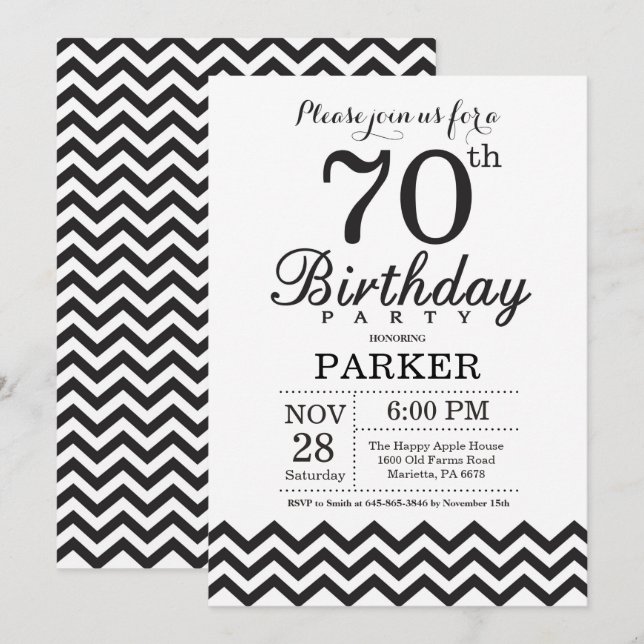 Convite de Aniversário de 70 anos Preto e Branco C (Frente/Verso)