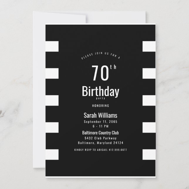 Convite de Aniversário de 70 Anos Preto e Branco S (Frente)