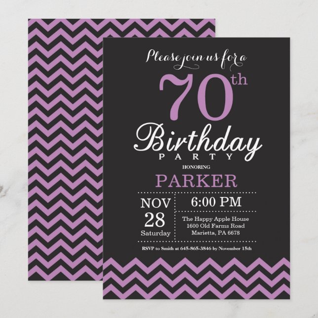 Convite de Aniversário de 70 anos Preto e Roxo (Frente/Verso)