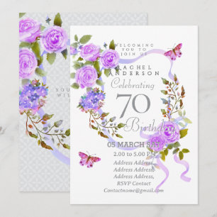 Convite de Aniversário de 70 anos Purple Rose Ribb