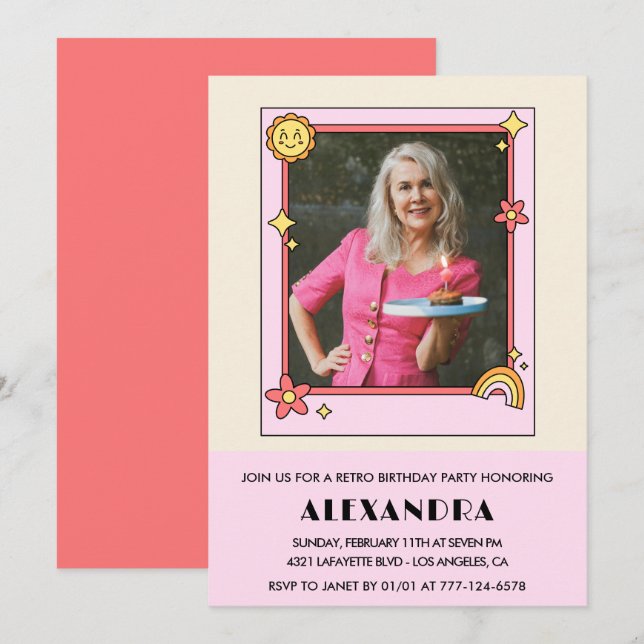Convite de aniversário de 70 anos Retro Groovy Flo (Frente/Verso)
