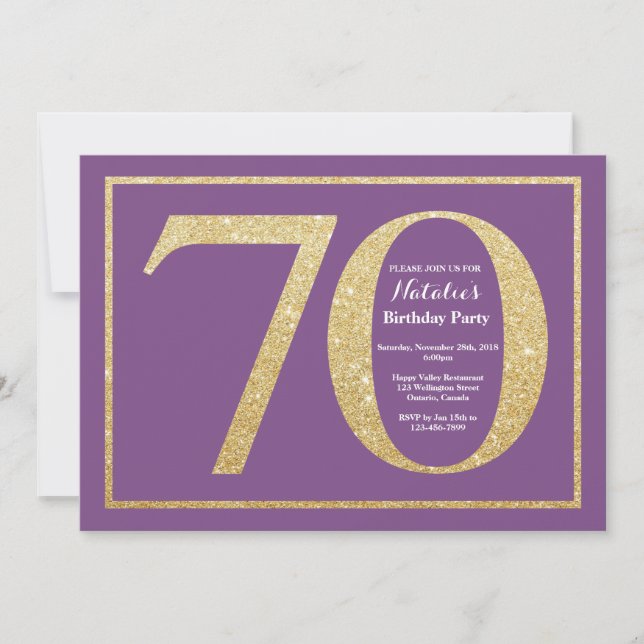 Convite de Aniversário de 70 anos Roxo e Dourado c (Frente)