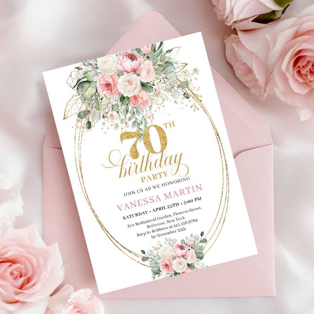 Convite de Aniversário de 70 anos Rustic Dusty Pin (Rustic Dusty Pink Greenery 70th Birthday Invitation)