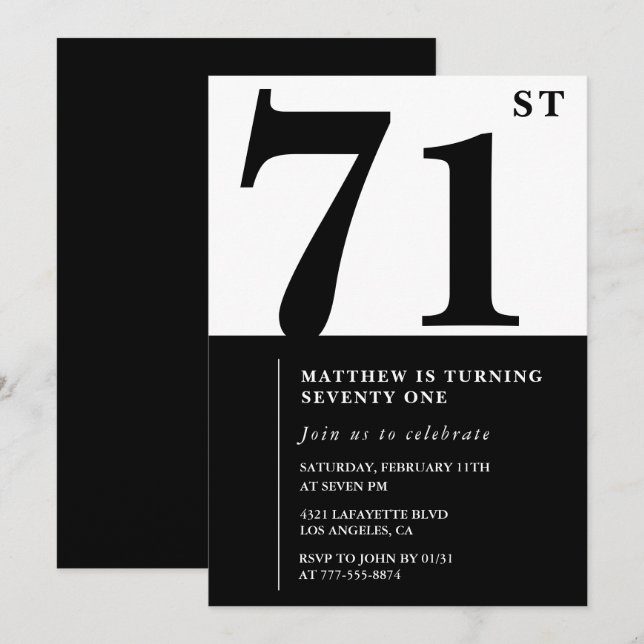 Convite de aniversário de 71 anos preto e branco C (Frente/Verso)
