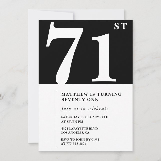 Convite de aniversário de 71 anos preto e branco e (Frente)