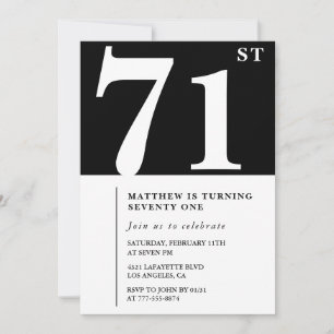Convite de aniversário de 71 anos preto e branco e