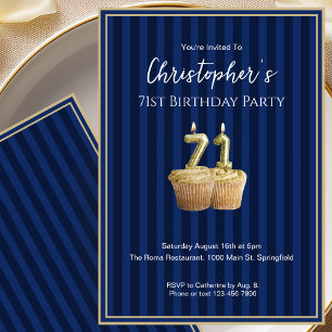 Convite de Aniversário de 71 Anos Único Azul Doura