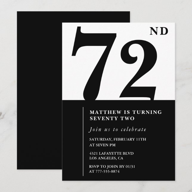 Convite de aniversário de 72 anos Chic Preto e Bra (Frente/Verso)