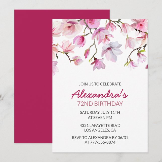 Convite de aniversário de 72 anos com floral de aq (Frente/Verso)